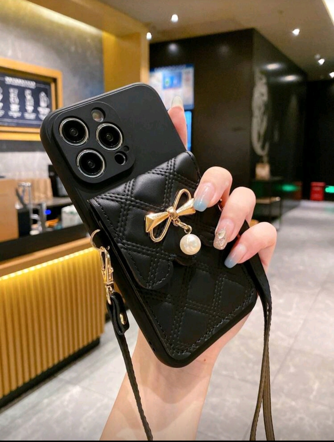 Coque girly style Sac bandoulière avec perles (Noir)