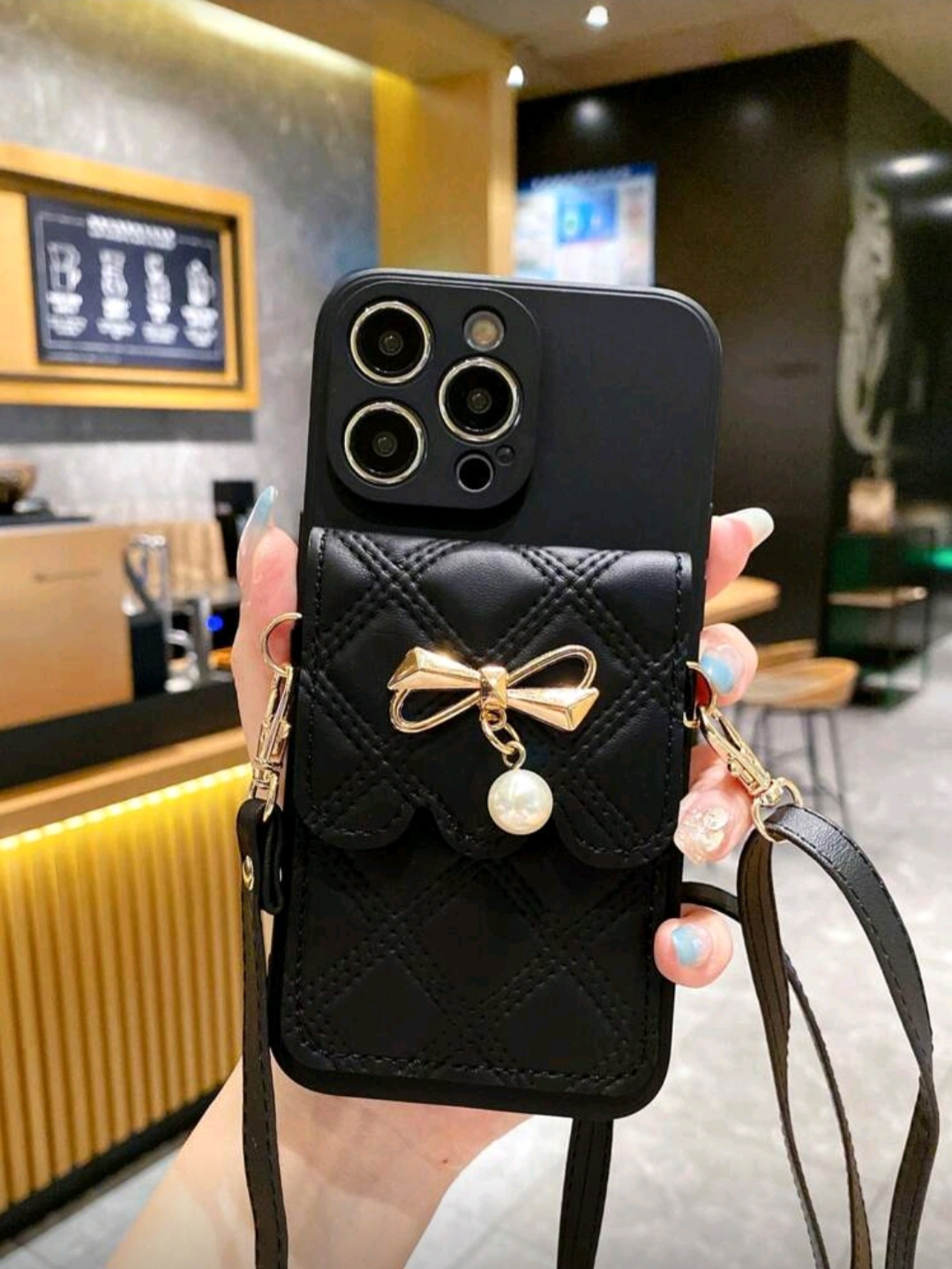 Coque girly style Sac bandoulière avec perles (Noir)